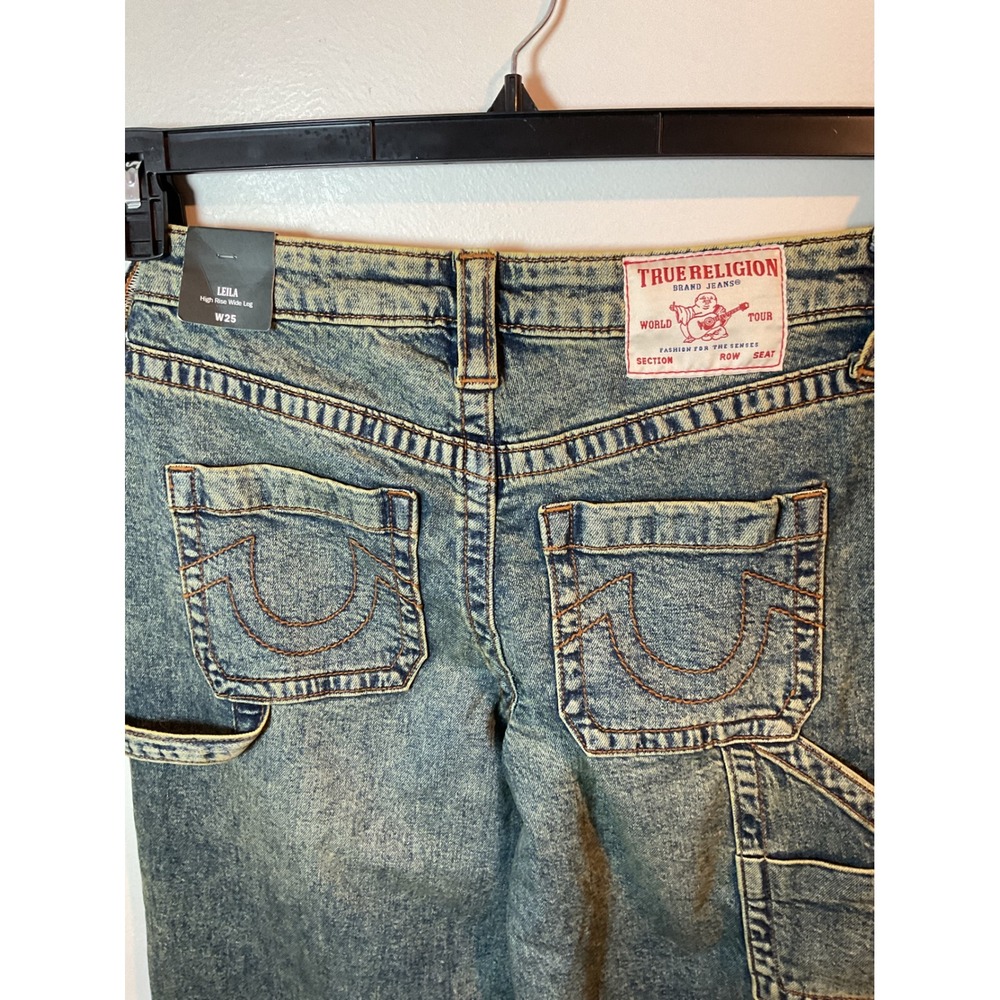 True Religion LEILA High Rise Wide Leg Carpenter Jeans W25 Acid Wash Blue - Picture 6 of 10